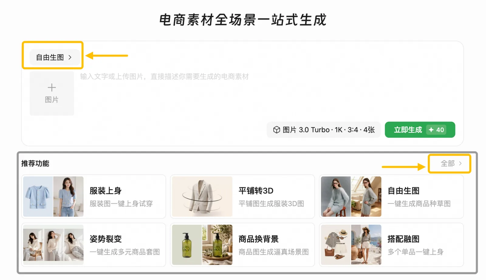 批量素材入口页：自由生图输入框 + 推荐功能，生成按钮右侧显示 ✦ 40 积分
